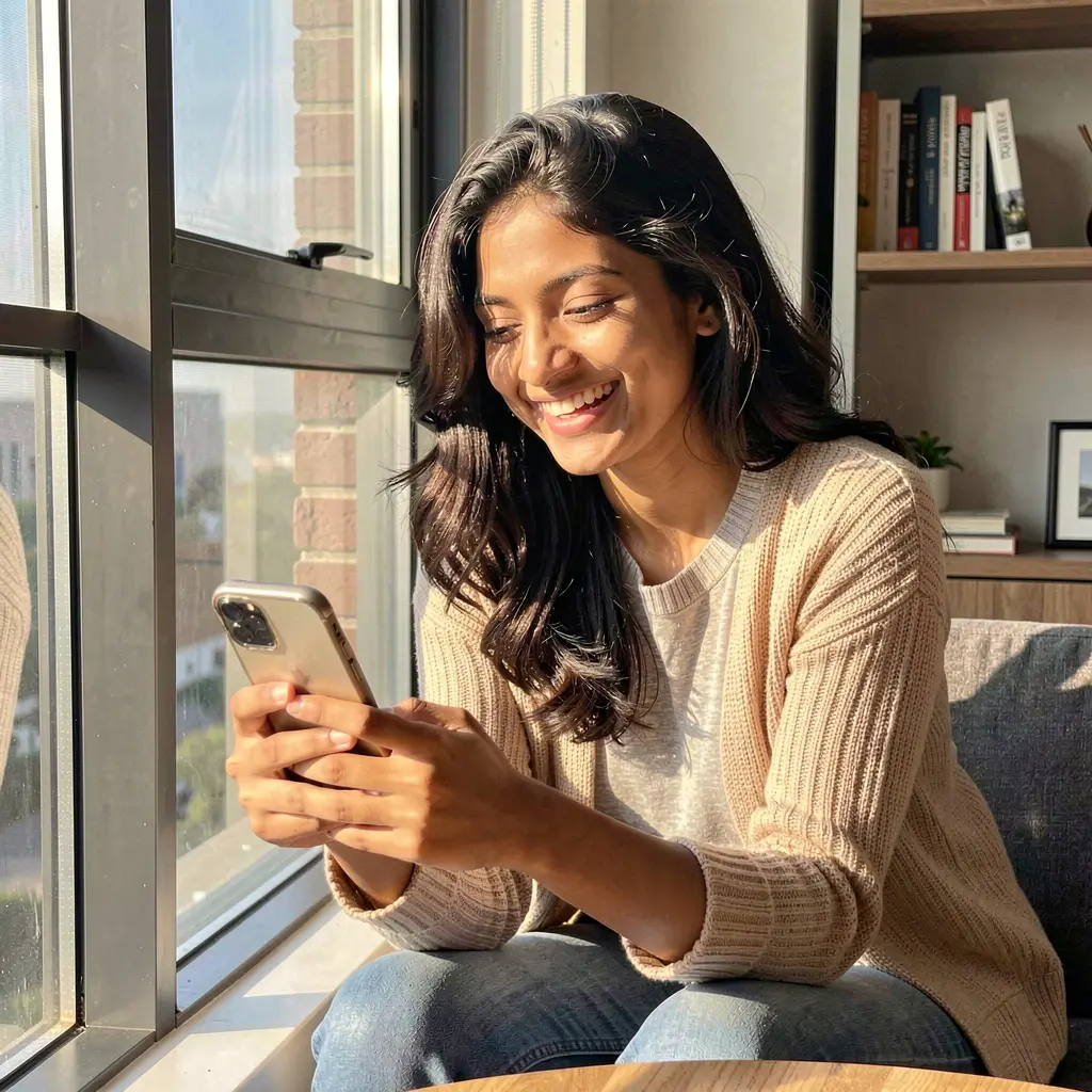 Happy Bangladeshi woman relaxing by a window while using the 6NN casino app on her smartphone in a bright modern setting