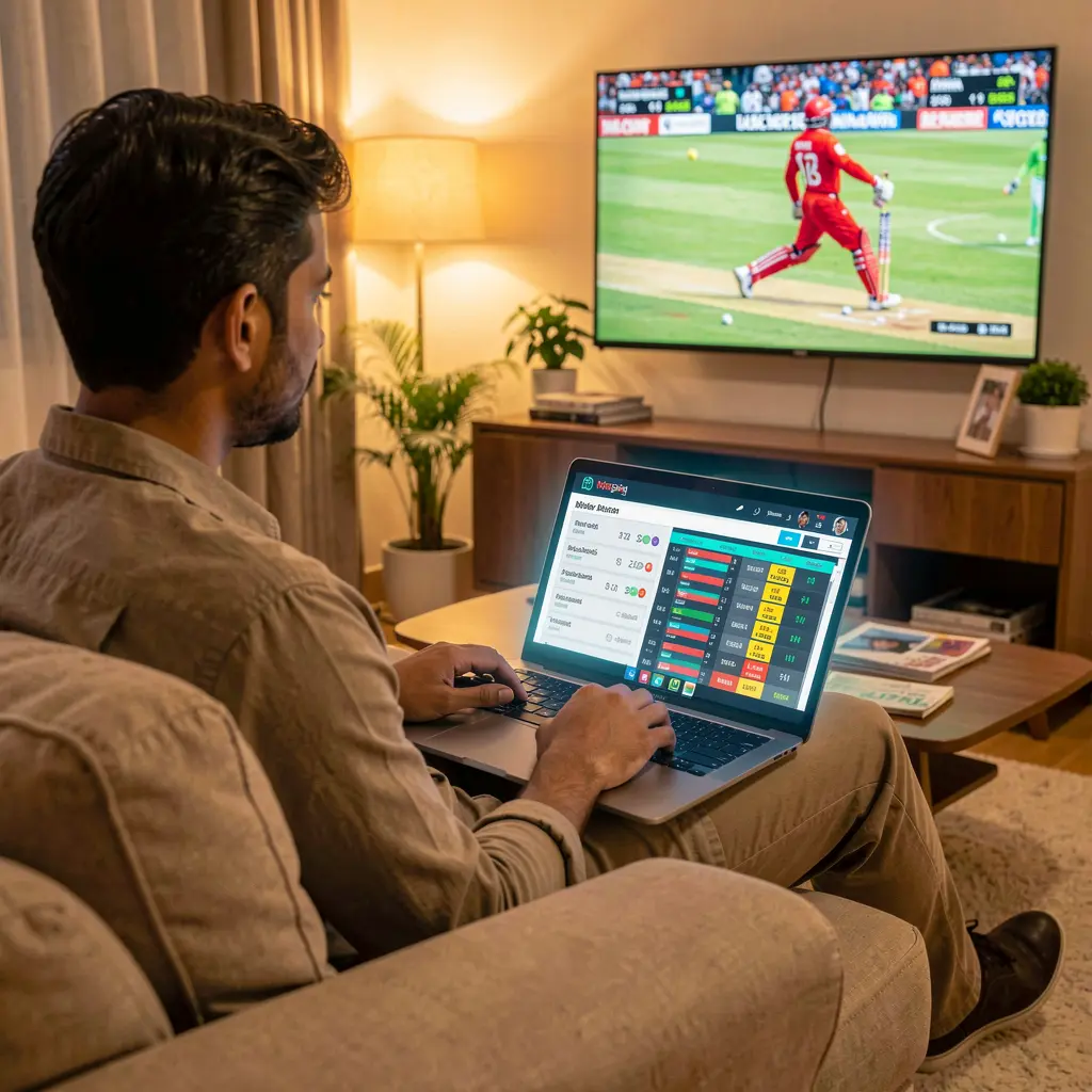 Focused Bangladeshi sports bettor analyzing live cricket odds on the 6NN betting platform from a laptop while watching a match on TV