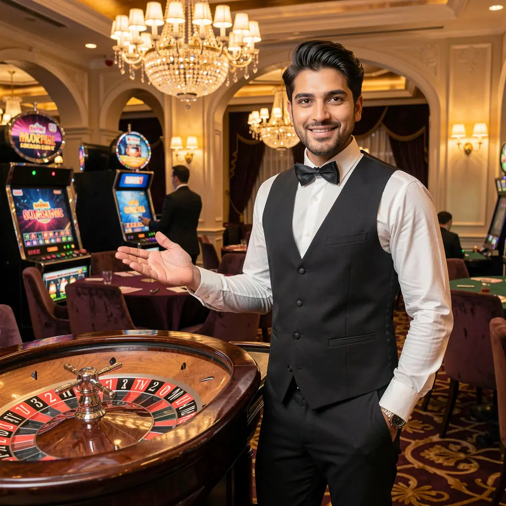 Professional live casino dealer presenting a roulette table in a luxury studio environment, showcasing the immersive live gaming experience offered by 6NN for players in Bangladesh
