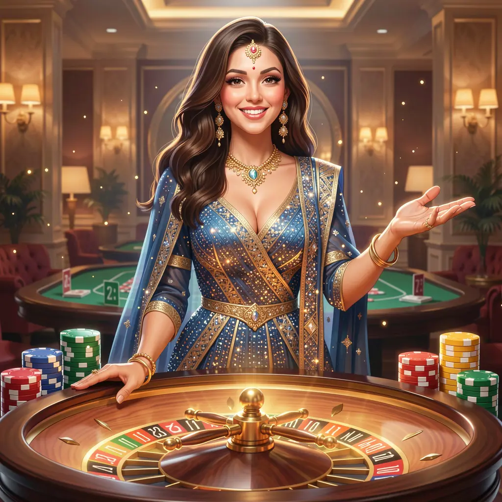 Confident Bangladeshi casino hostess inviting players to log in with glowing chips and roulette symbols highlighting secure access at 6NN