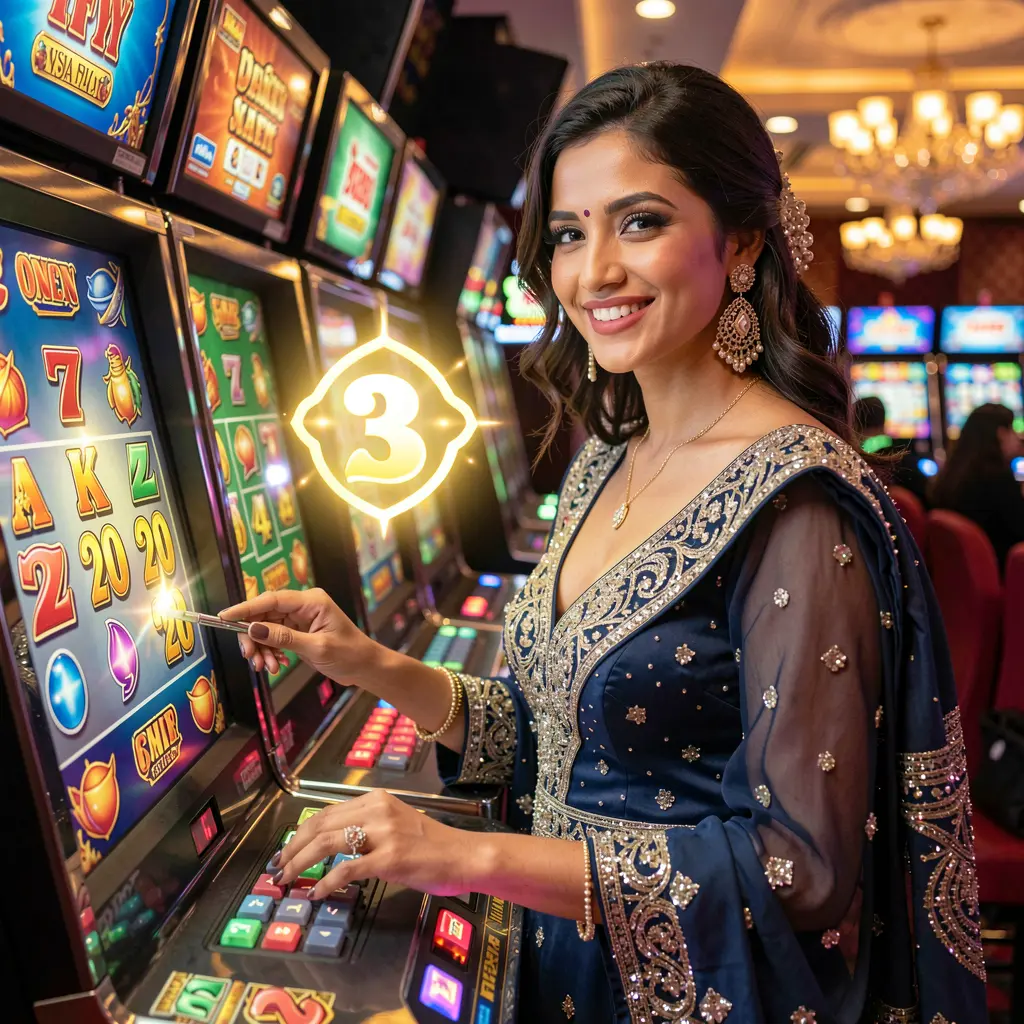 A luxurious illustration of a woman in a glamorous red dress beside vibrant slot machines glowing with winning symbols at 6NN casino in Bangladesh